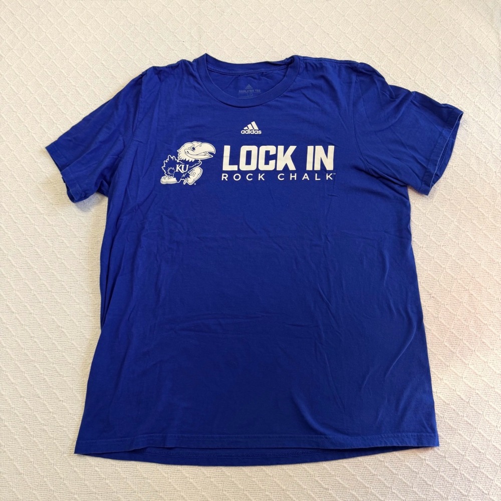 Adidas Kansas Jayhawks Lock In Rock Chalk Blue Amplifier Tee Shirt Mens Large